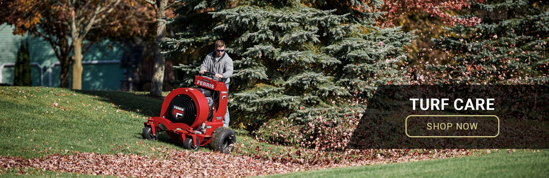 Image of Man riding a red Ferris leaf blower with text that reads "Turf Care"